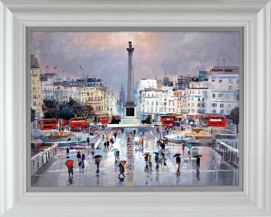  Tom Butler cityscape art Print Trafalgar square London Nelsons Column Red Buses