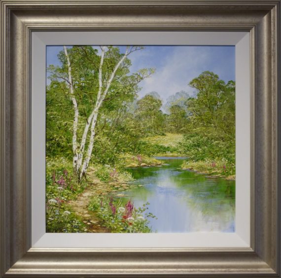 Tranquil River terry evans original painting of a birch tree by a river