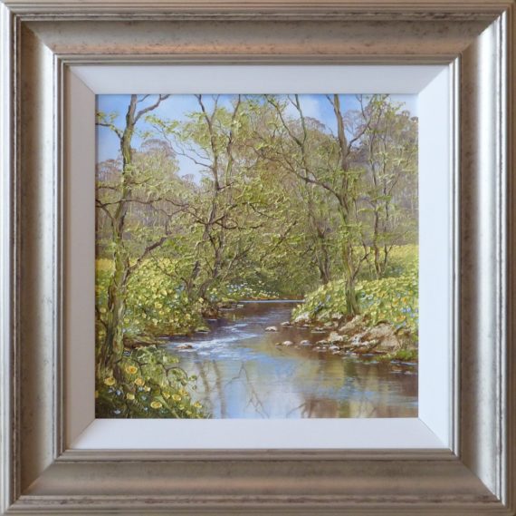 daffodil bank terry evans original painting of a river in the woods