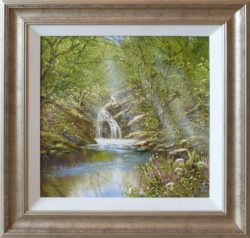 Rays of Light terry evans original painting of a waterfall in a wood