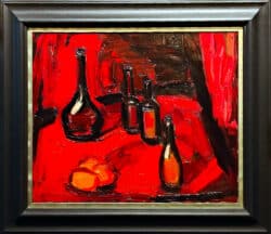 A vivid painting of wine bottles on a table by Theodore Major